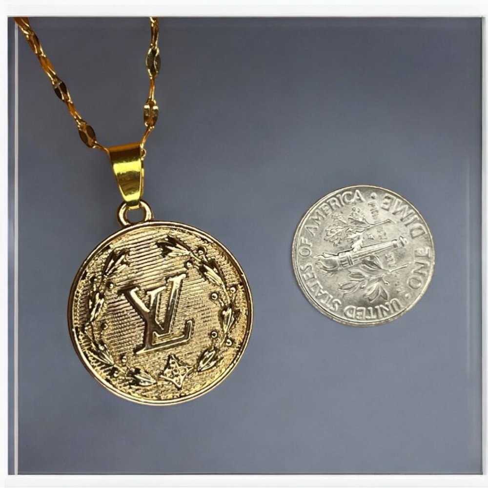 Gold Vintage LV Stamped Upcycled Charm Pendant Necklace - Picture 3 of 9